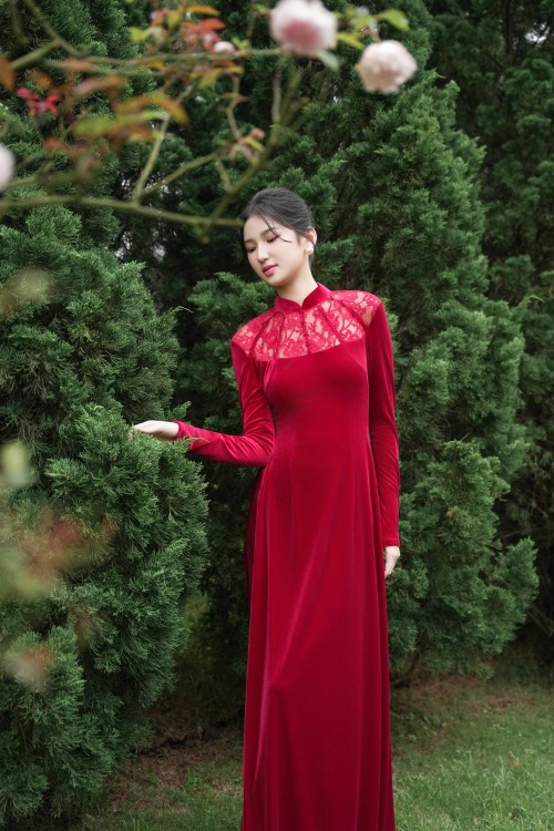 Sixdo Dark Red Velvet Ao Dai